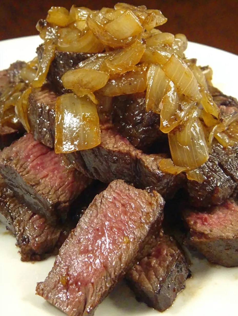 Eine Platte mit Steak und Zwiebeln.