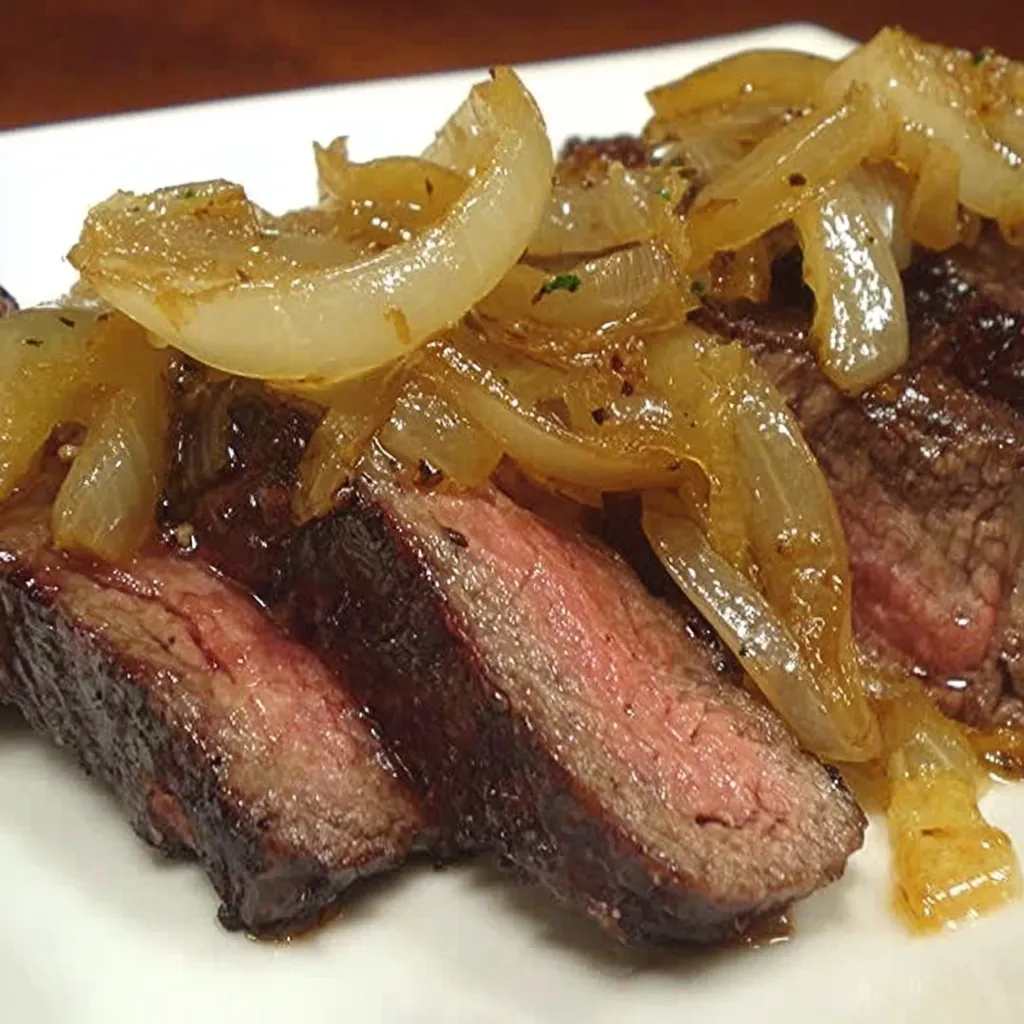 Eine Porzellangrille mit rohem Fleisch und Zwiebeln.