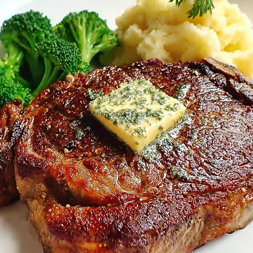 Eine Tafel mit Steak, Broccoli und Kartoffeln.