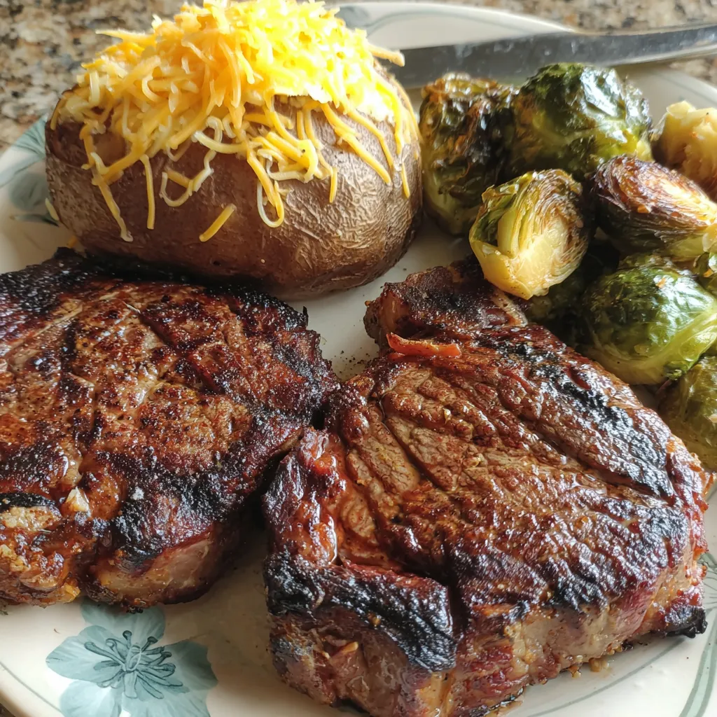 Eine Platte mit Steak, Bratkartoffeln, Broccoli und Käse.