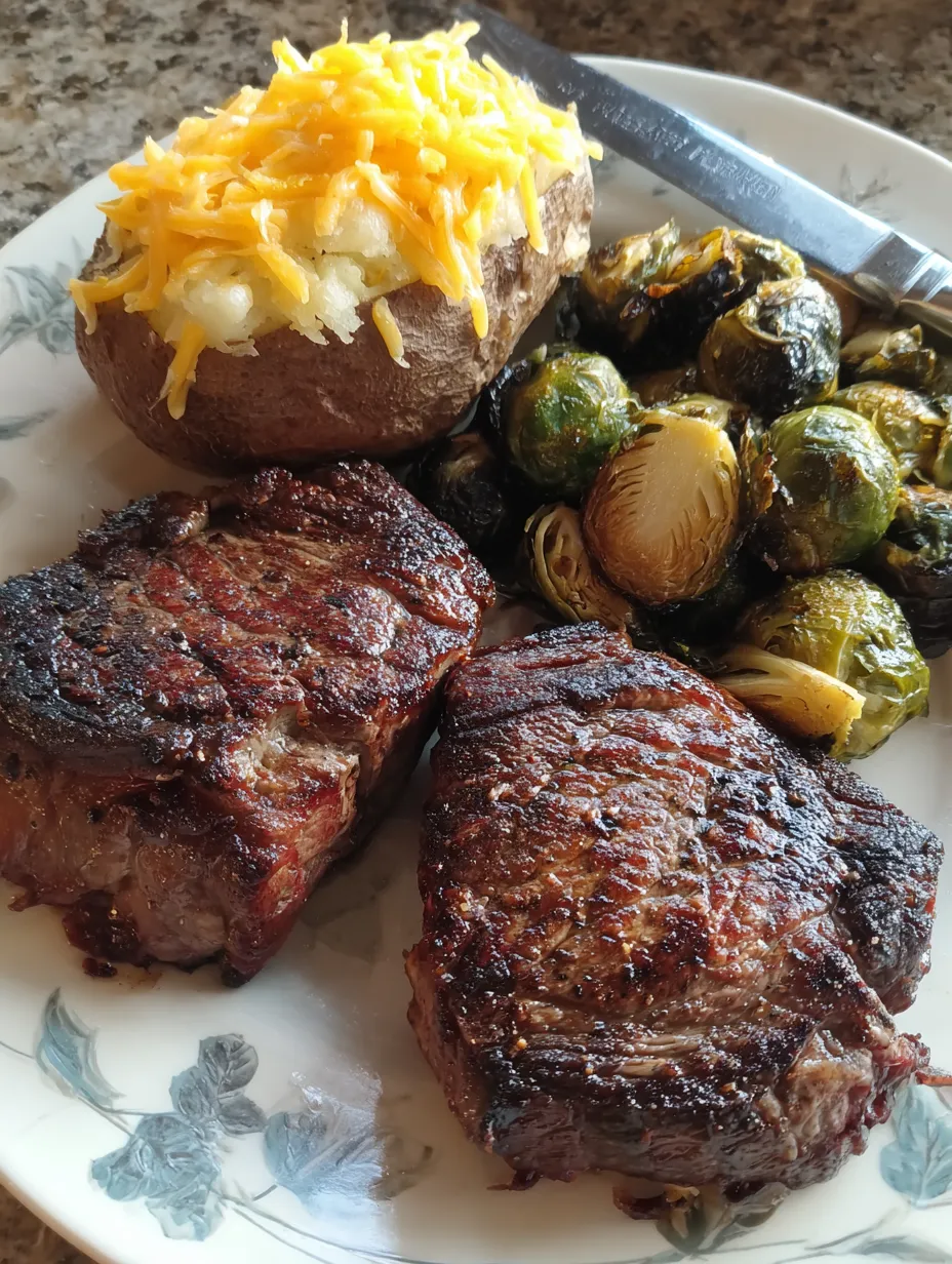 Eine Platte mit Steak, Bratkartoffeln und Brülen.