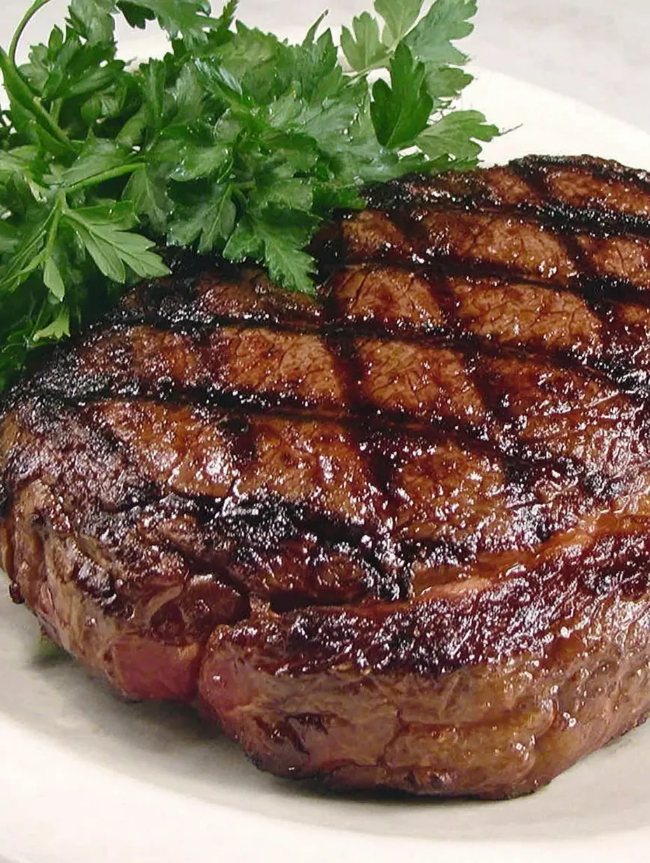 Eine Porterhouse-Steak auf einem weißen Teller, garniert mit frischem Thymian.