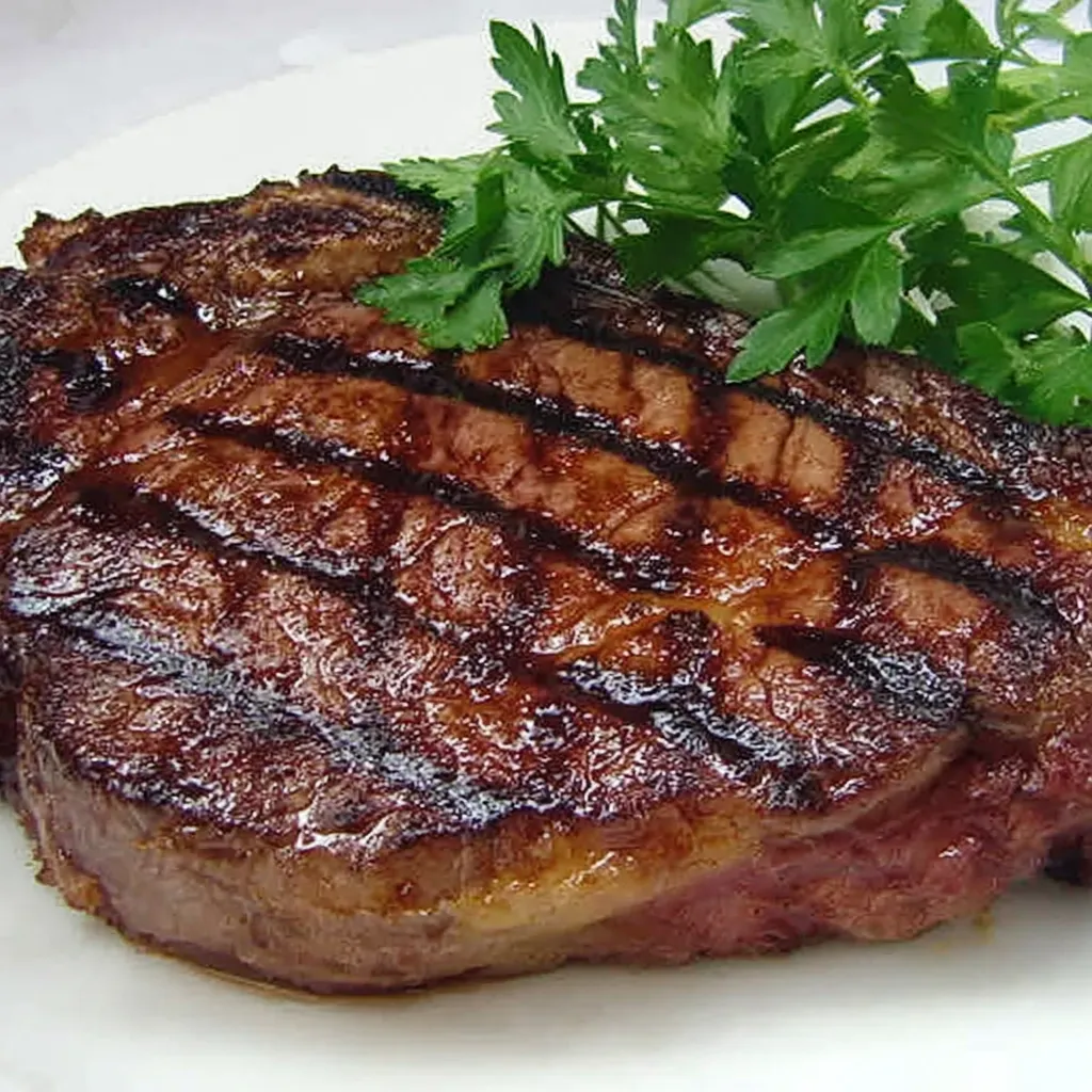Rindersteak mit grünem Salat auf einem weißen Teller.