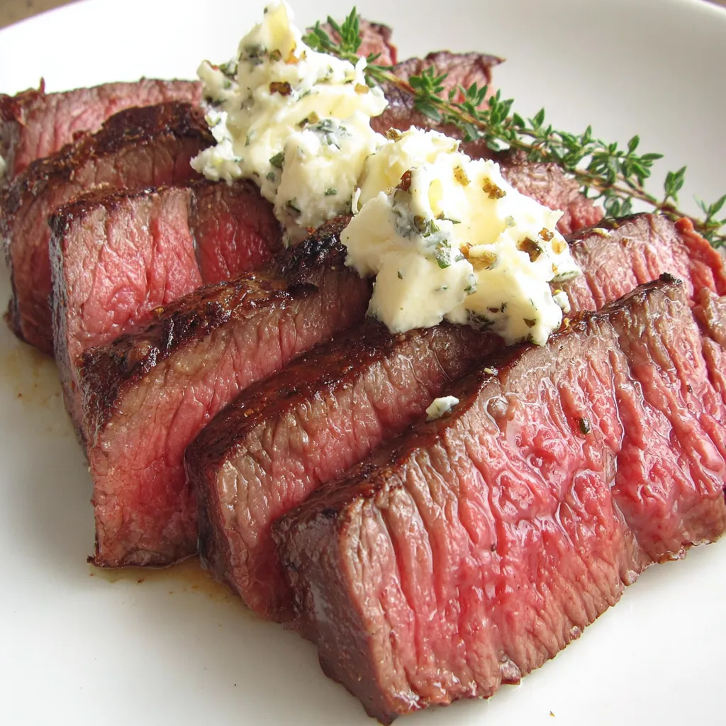 Eine rote Steak mit Butter und Kräutern auf einem weißen Teller.