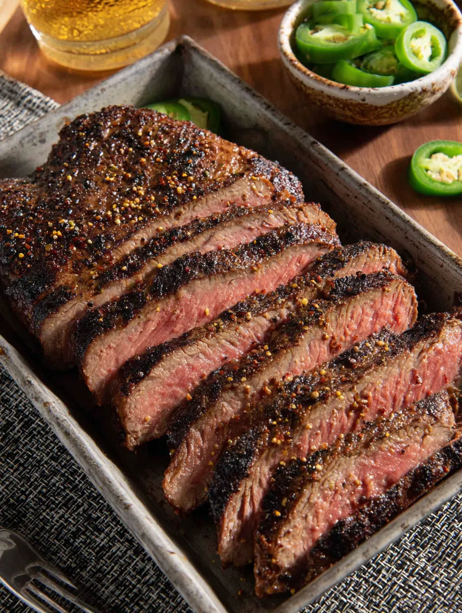 Eine Tafel mit einem Stück Rindfleisch, das in einem Behälter mit Gewürzen zubereitet wurde.