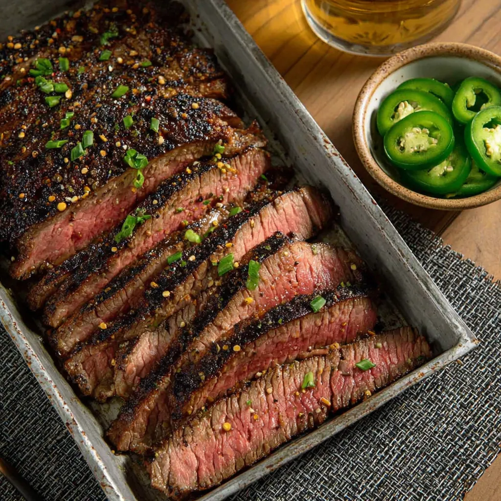 Ein Schinken in einem Behälter, mit grünen Zwiebeln und Paprika garniert.