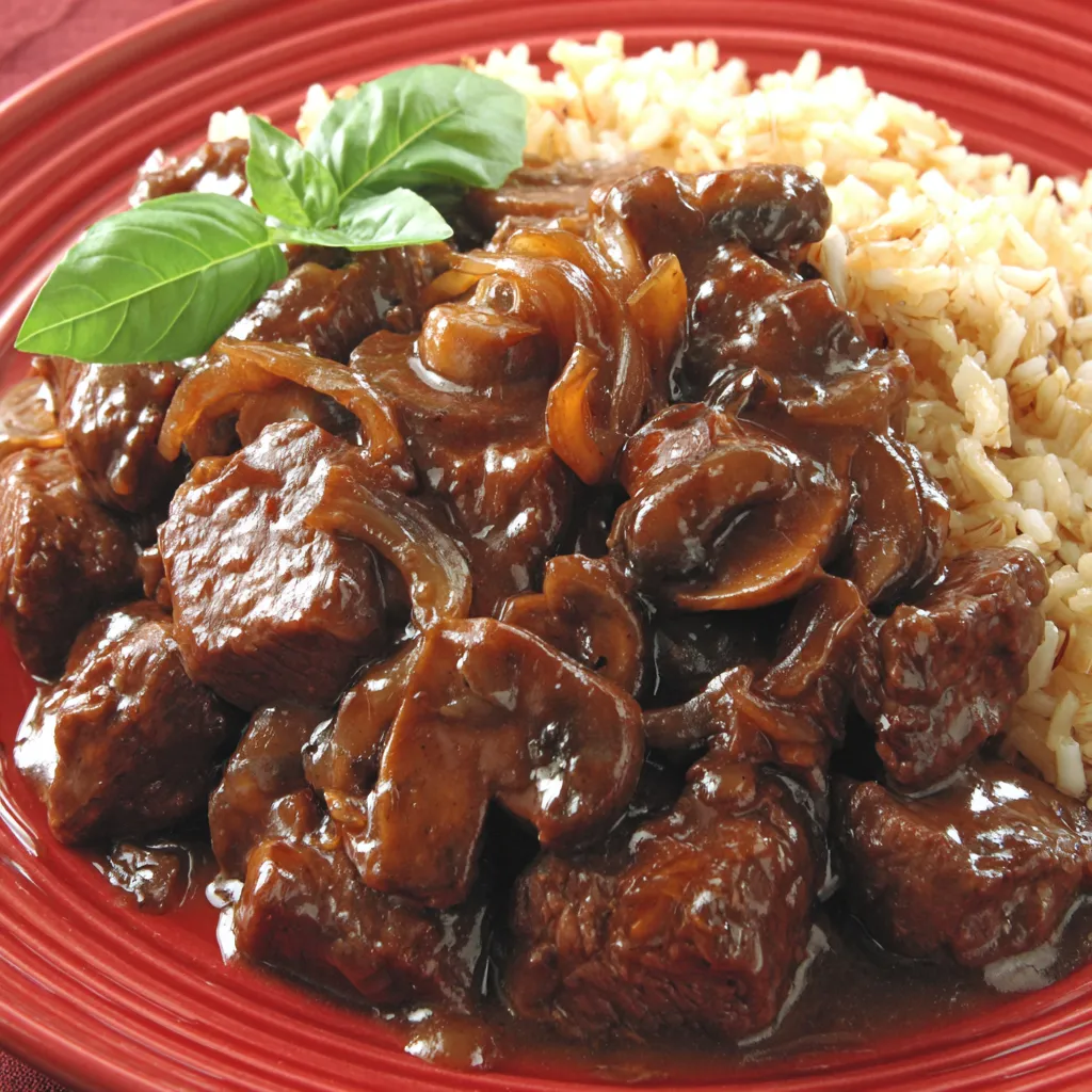 Ein rotes Plate mit einer Mischung aus Fleisch, Rice und Gemüse, darunter Zwiebeln.