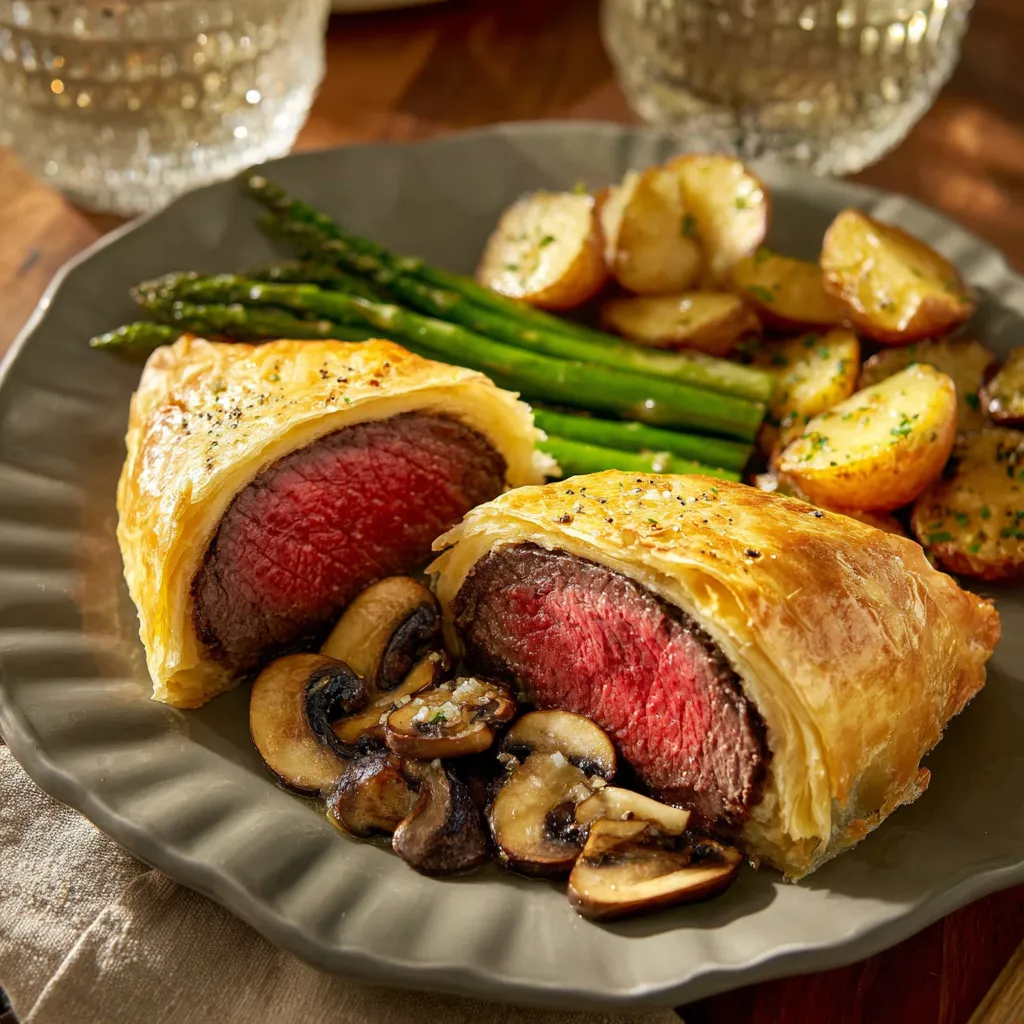 Ein Plate mit Steak, Asparagus, Kartoffeln und Champignons.