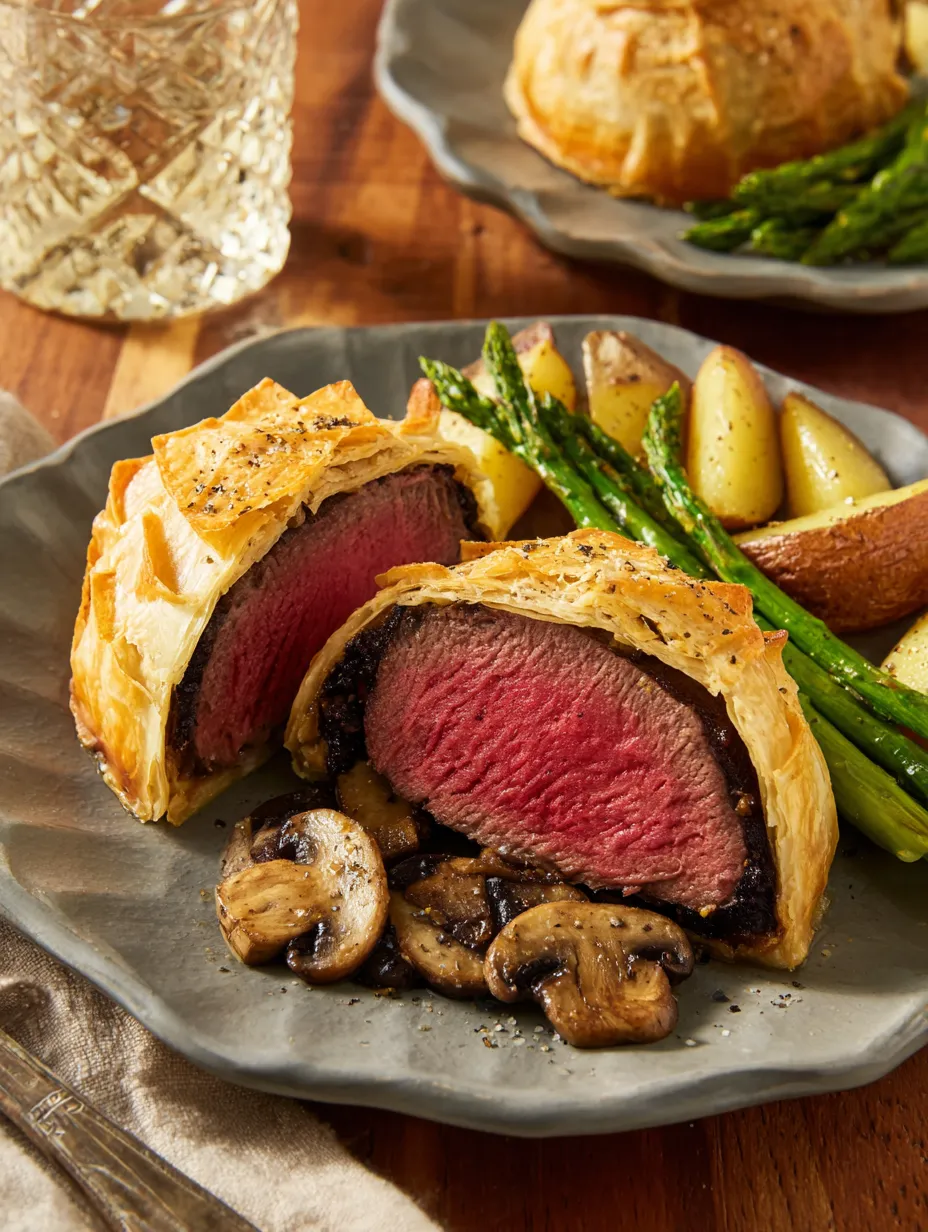 Ein Plate mit Steak, Asparagus, Kartoffeln und Champignons.