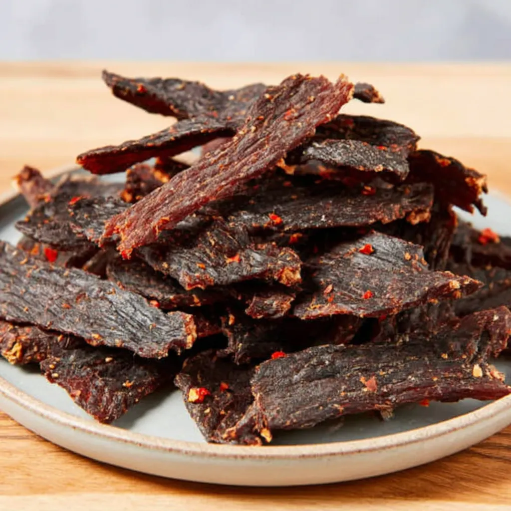 Eine Platte mit einer Schicht aus rohen, ungesäuerten Fleischstücken, die in verschiedenen Größen und Formen vorliegen.