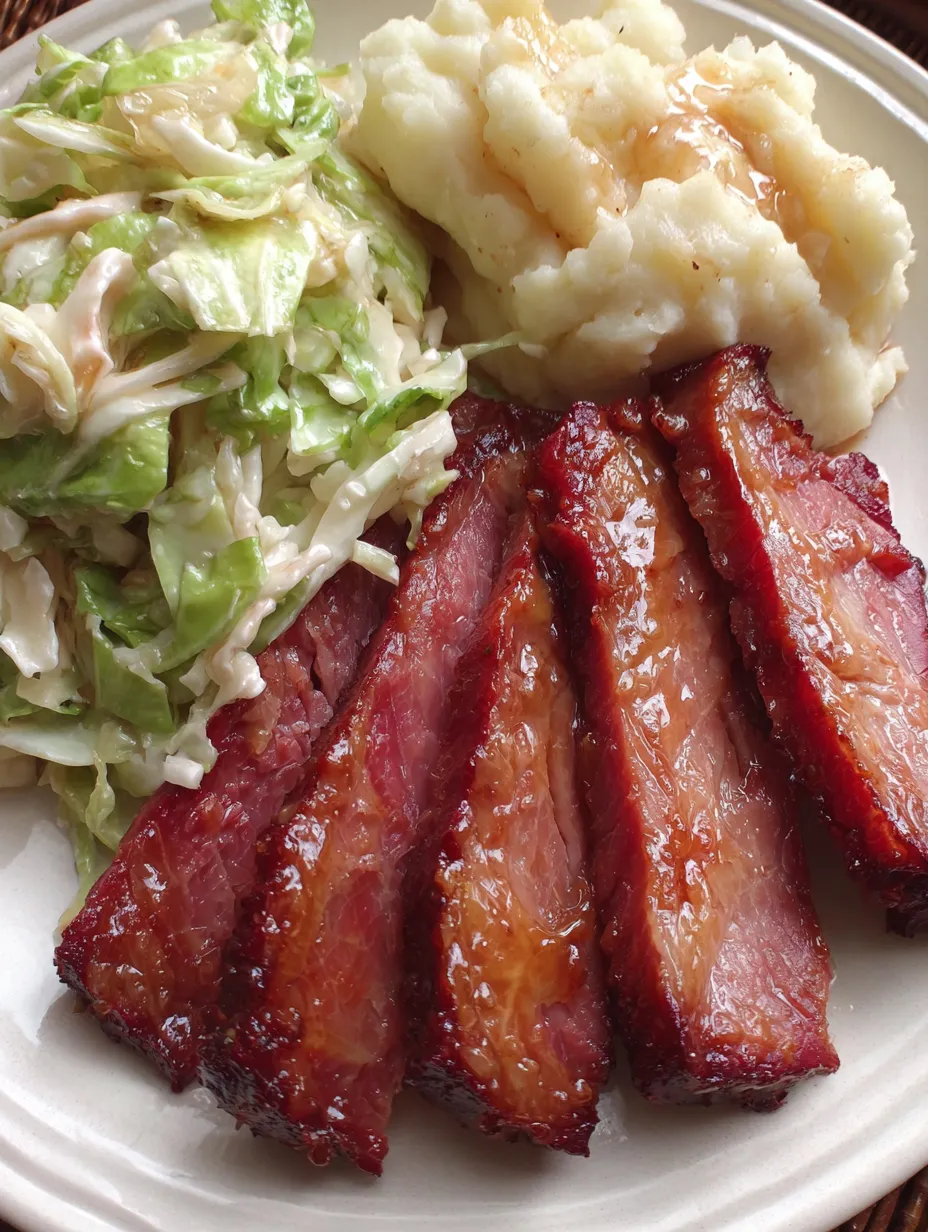 Eine Platte mit BBQ-Ham, Kartoffeln und Salat.