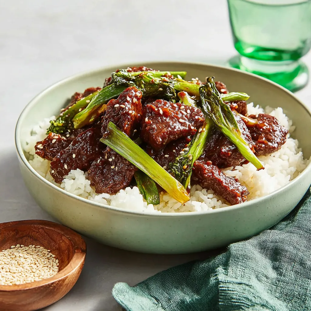Ein Becher mit chinesischem Essen, bestehend aus Rindfleisch, Reis und grünen Blattchen.