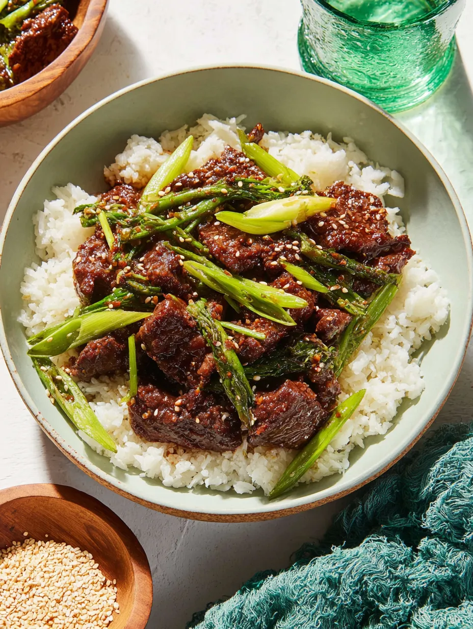 Ein Becher mit Rice und Fleisch, garniert mit gr&uuml;nen Blattchen.