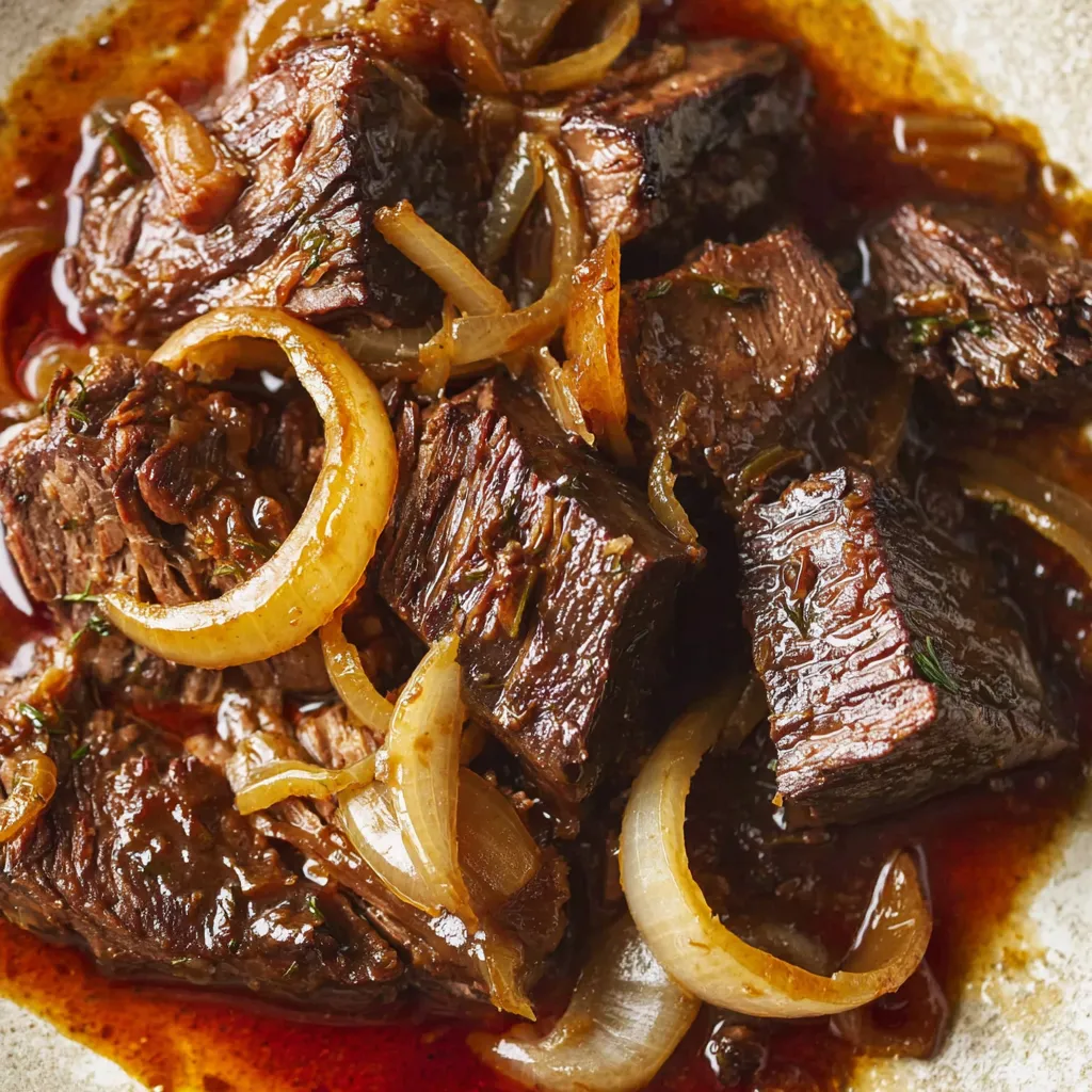 Eine Tasse mit Steak, Onions und Sauce.