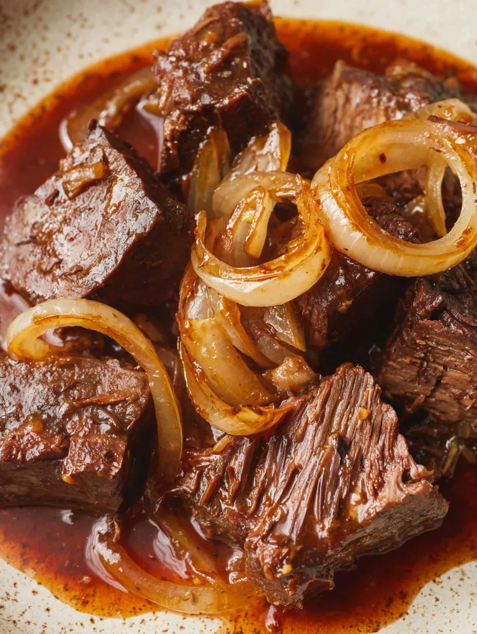 Eine Sch&uuml;ssel mit steckriger Fleischsuppe, die mit Zwiebeln und Knoblauch garniert ist.
