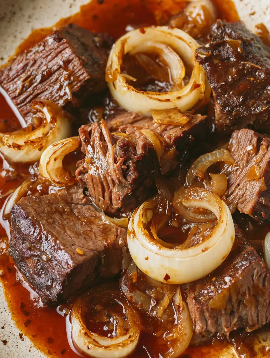 Steak mit Sauce und Zwiebeln.