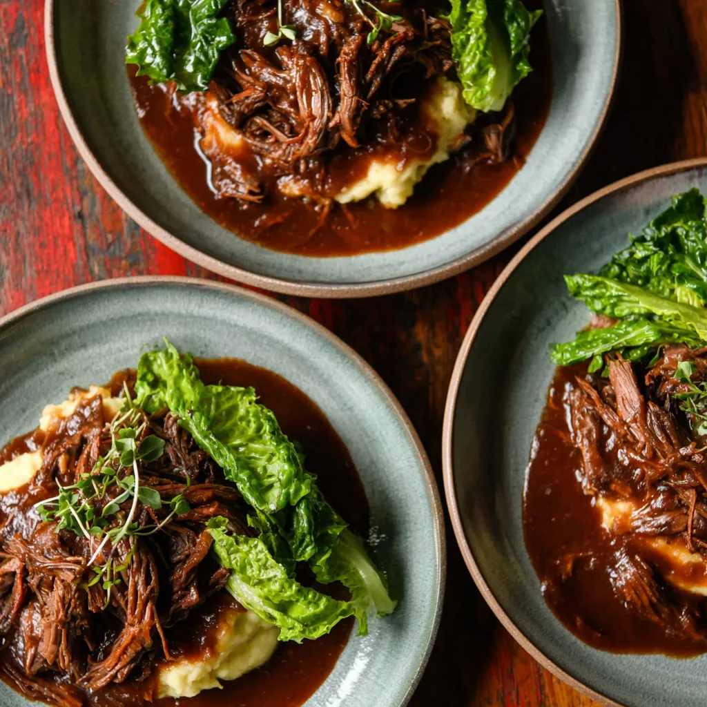 Ein Bild zeigt drei Platten mit Beefsteak, die mit Sauce und Kartoffeln garniert sind.