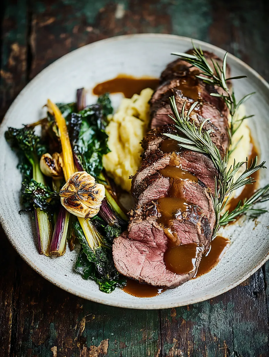 Ein Plate mit Steak, Kartoffeln, Broccoli und Zwiebeln.