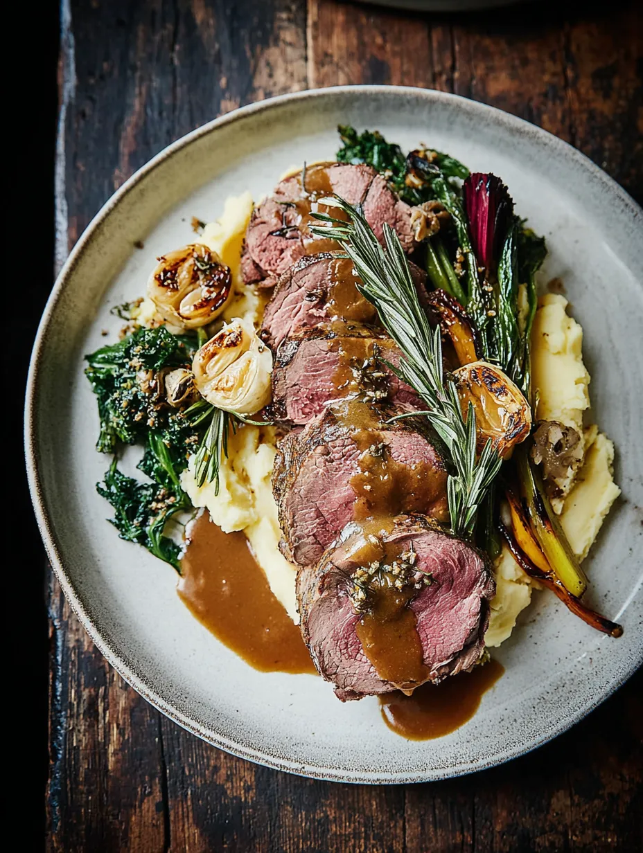 Ein Plate mit gegrilltem Fleisch, Zwiebeln, Spinat, Kartoffeln und Sauce.