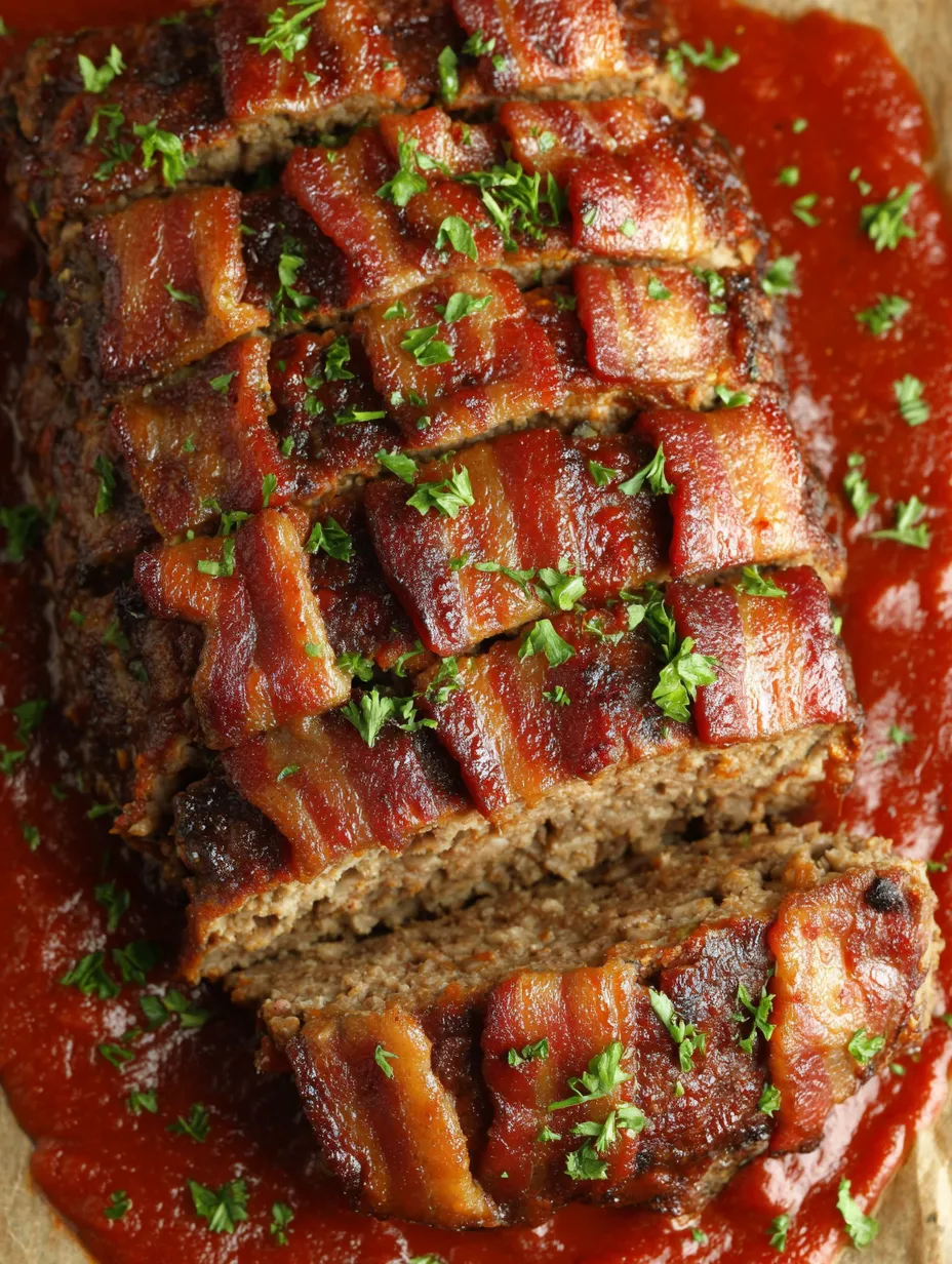 Eine Wurst mit Bacon und Zwiebeln auf einem Teller.