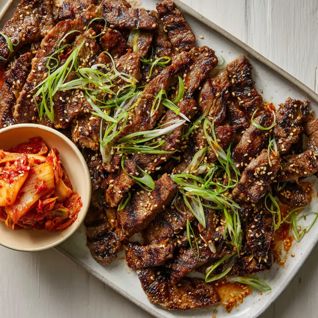 Ein Plate mit Steak und grünen Zwiebeln.