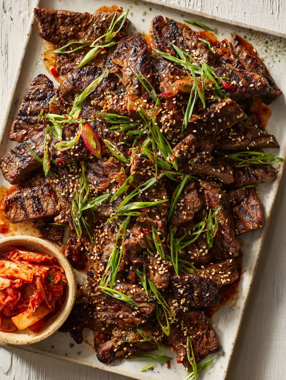 Eine Platte mit Steak, das mit Gras und Sesam garniert ist.