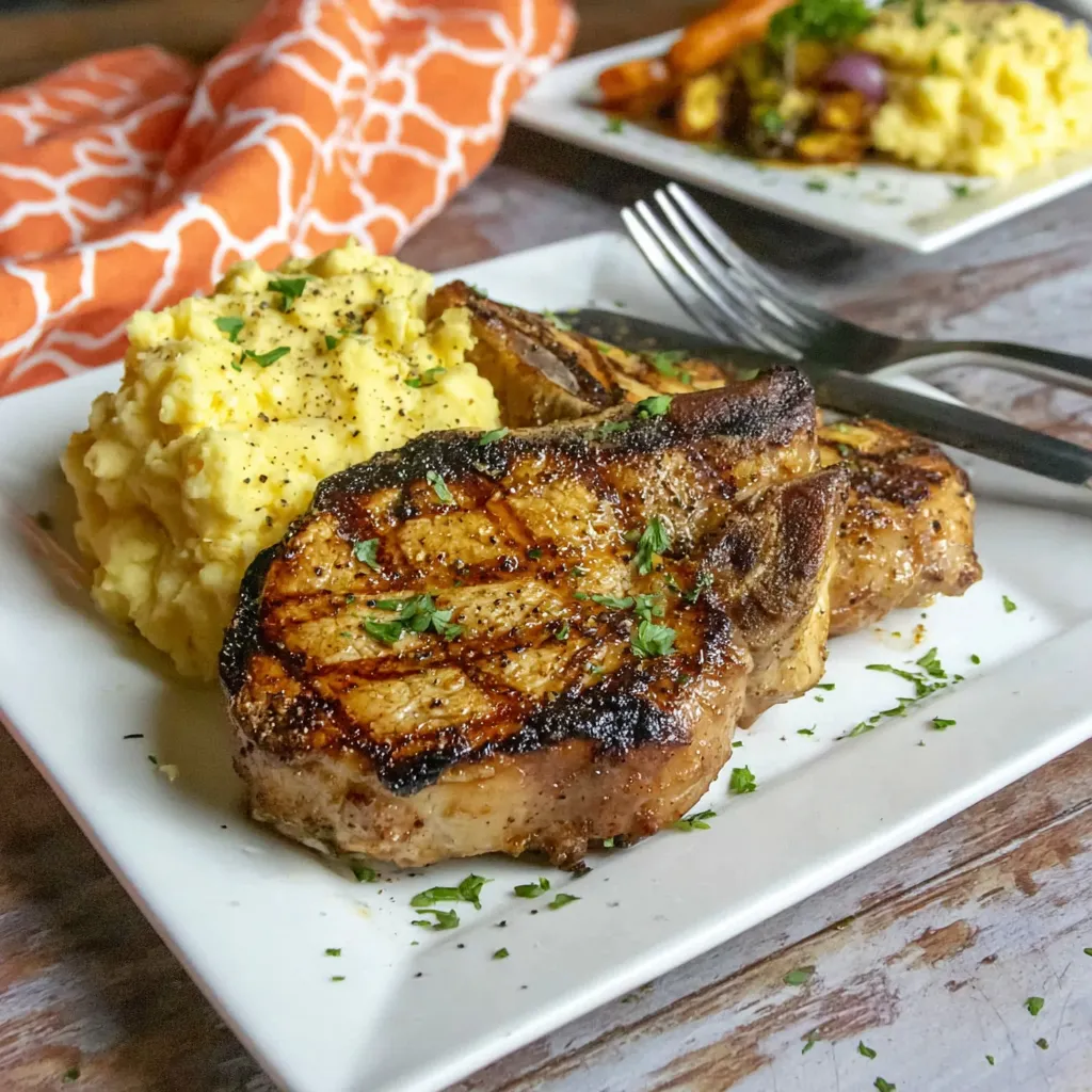 Ein weißer Teller mit gegrilltem Steak, gegrillten Karotten und gegrillten Zwiebeln.