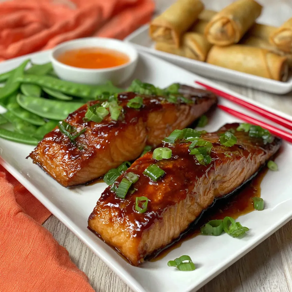 Eine Platte mit zwei gegrillten Fischstücken, die mit einer soßen aussehen.