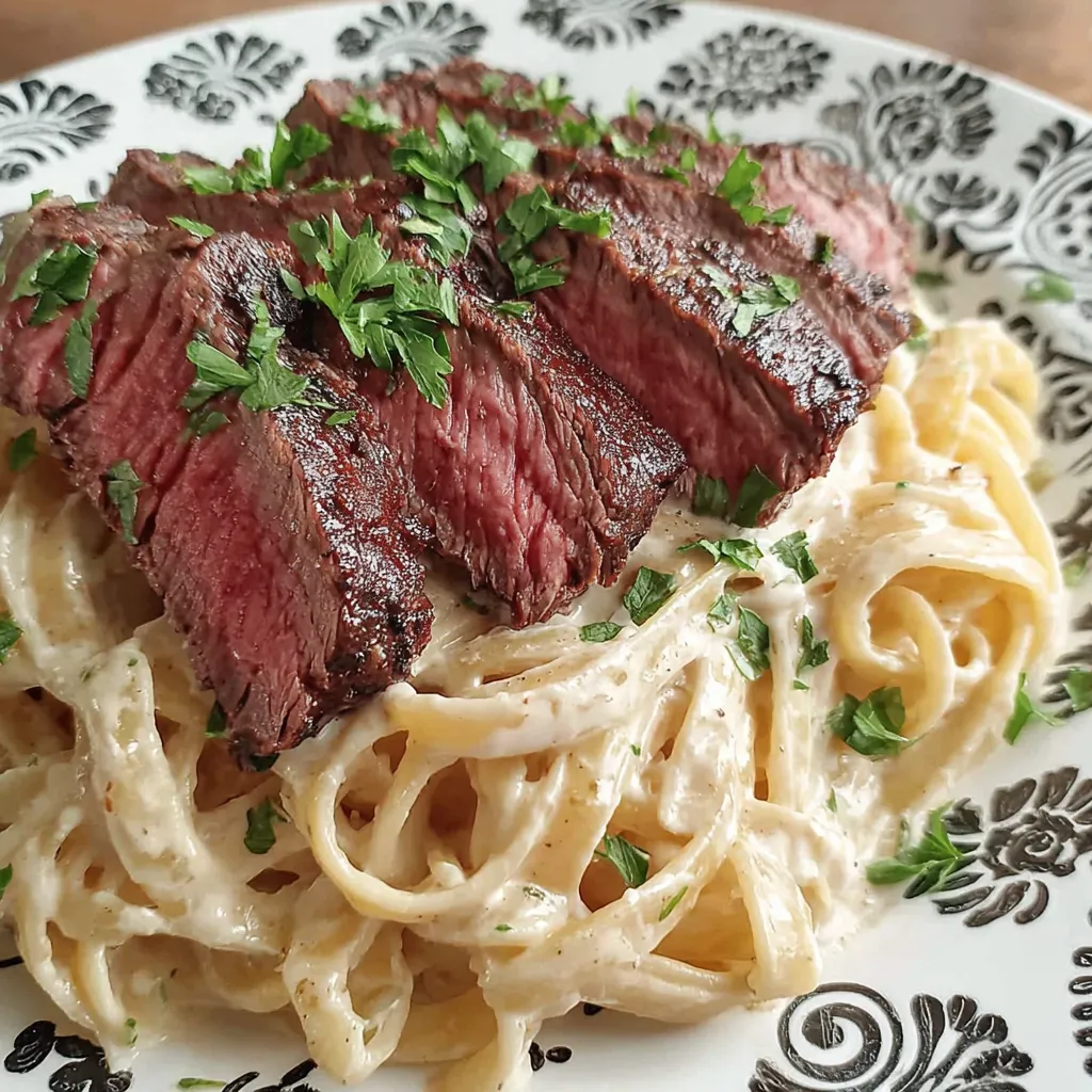 Ein gegrilltes Steak mit Pesto-Pasta auf einem weißen Teller.