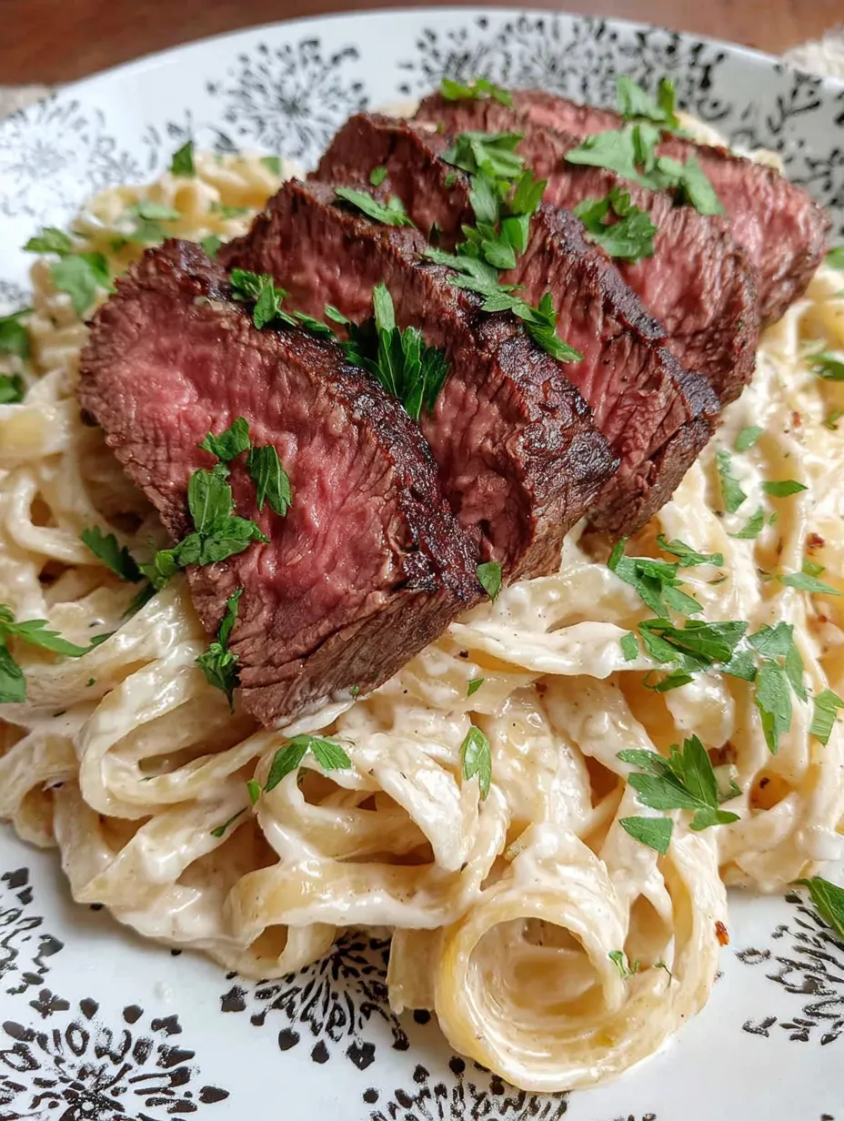 Ein Teller mit Pasta und Steak, garniert mit Parsley.