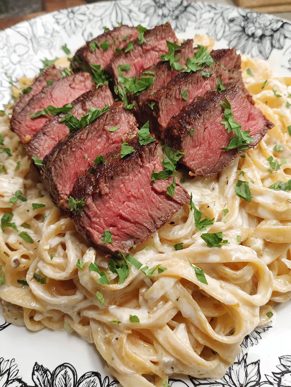 Eine Platte mit Pasta und Steak, garniert mit Parsley.