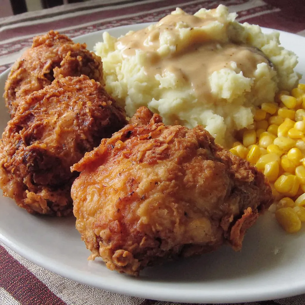 Ein weißer Teller mit Kartoffeln, Korn und Chicken.