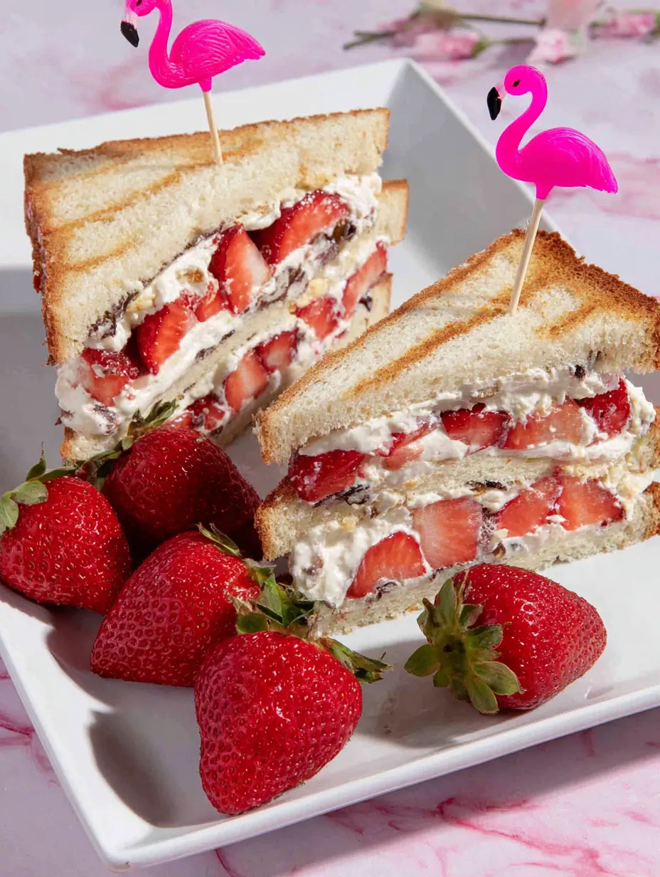 Eine Platte mit zwei Sandwiches, die mit Strawberries und Cream gef&uuml;llt sind.