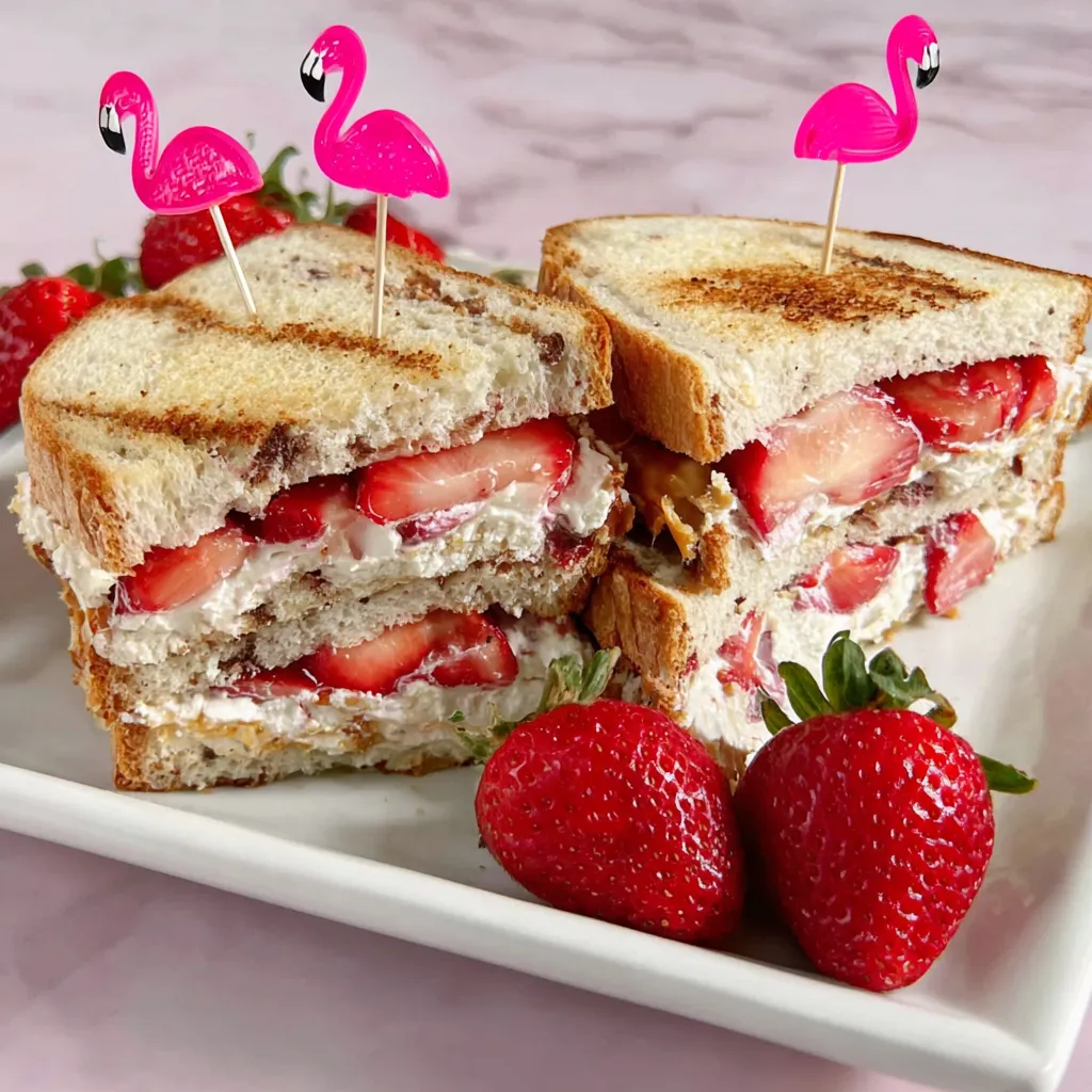 Eine Platte mit zwei Sandwiches, die mit Strawberries und Pink Flamingos garniert sind.