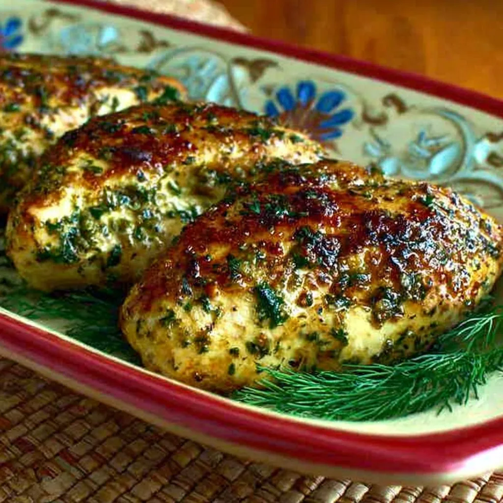 Zwei grüne und braune Chicken-Portionen auf einem roten Teller.