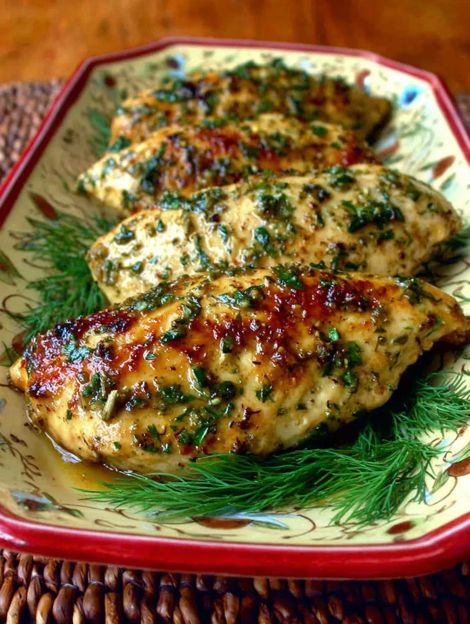 Ein rotes Teller mit grünen Zwiebeln und gegrillten Chicken-Stücken.