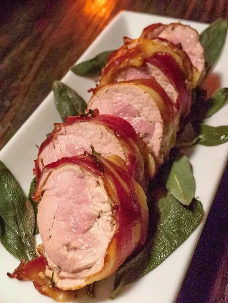 Eine Platte mit drei Bacon-wrapped Meatsticks, die mit Spinat garniert sind.