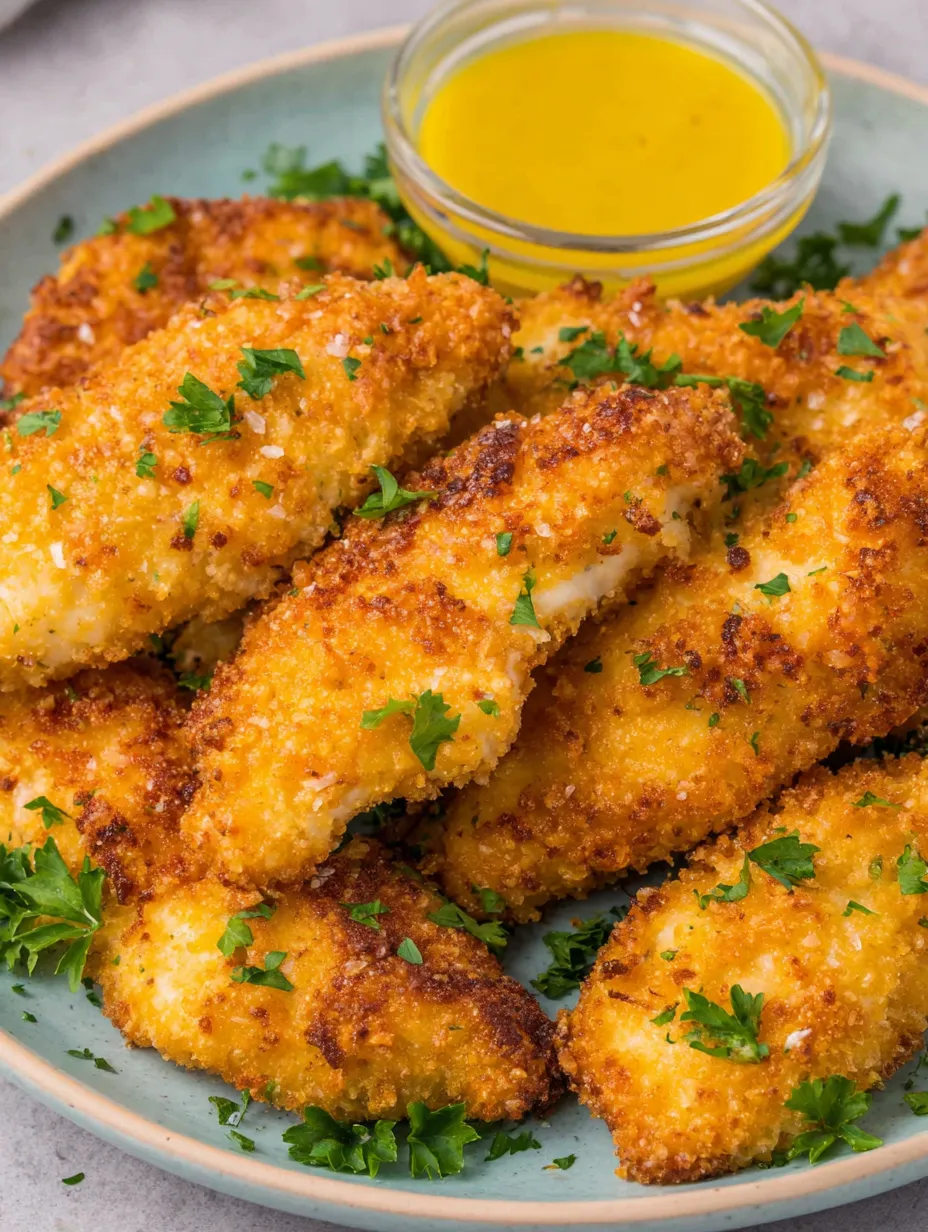 Ein Plate mit frisch zubereiteten Chicken-Streifen, die mit Parsley garniert sind.