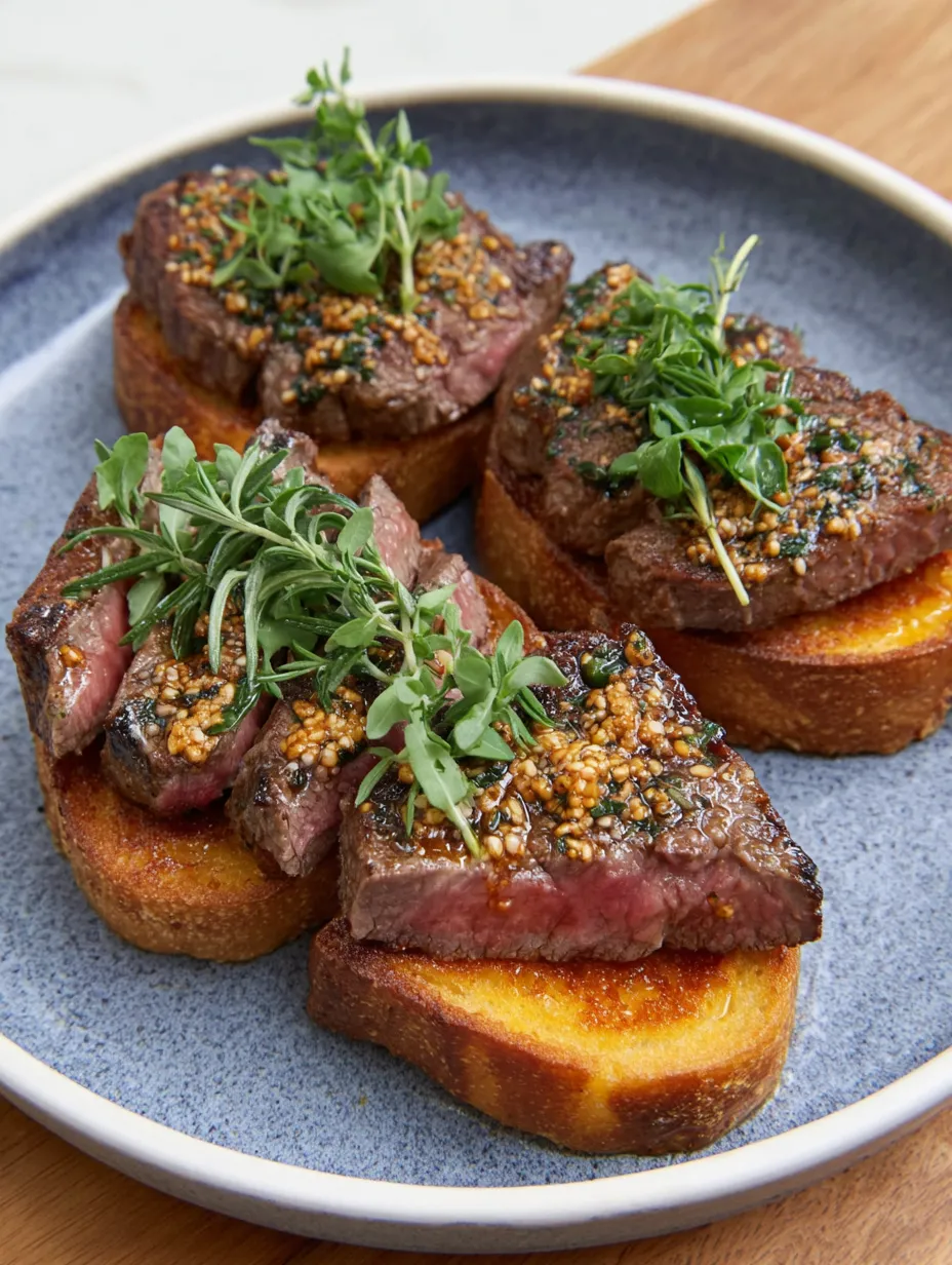Ein Plate mit zwei Toastbrotstücken, die mit Steak und Kräutern garniert sind.