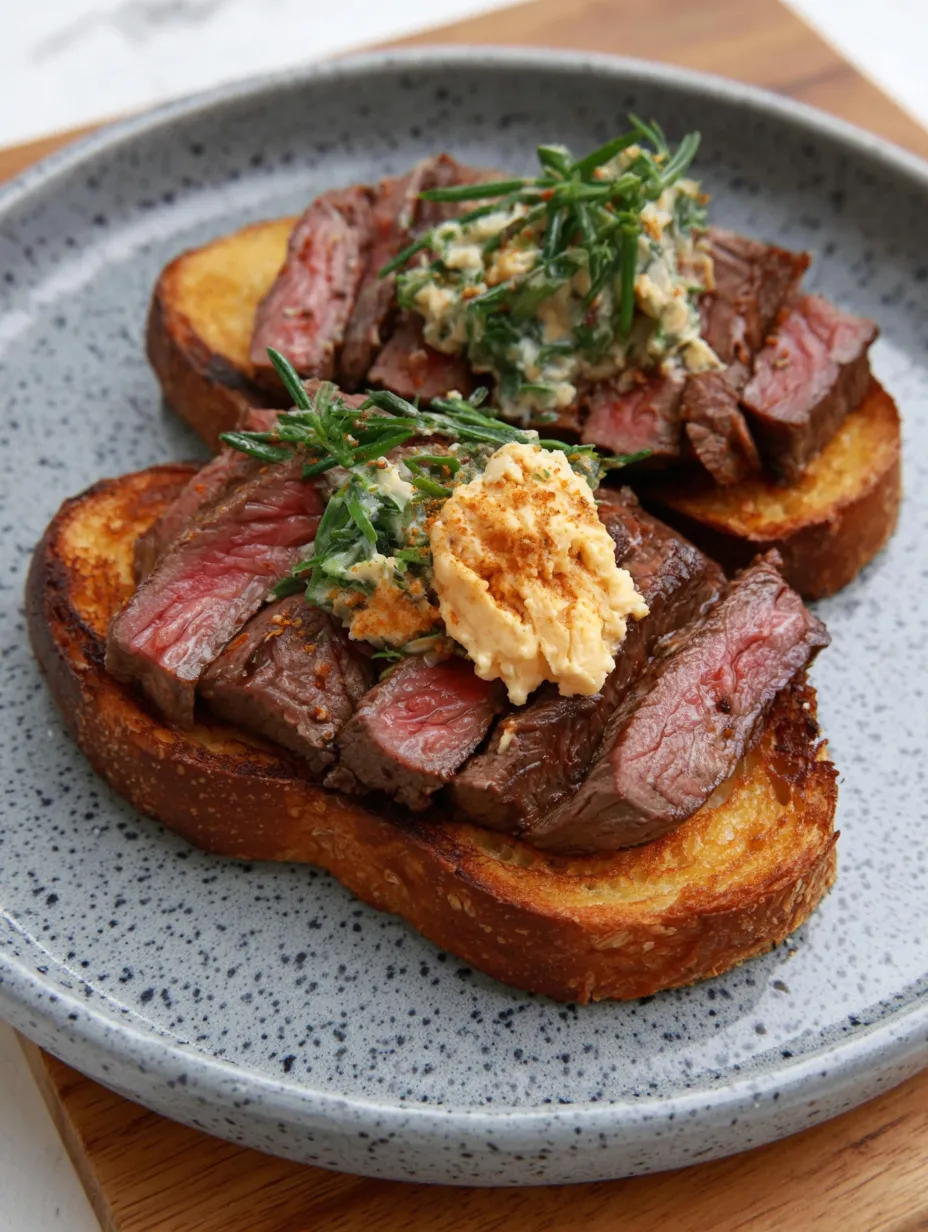 Eine Platte mit zwei Toastbrotstücken, darauf sitzt eine Portion Rindfleisch mit Sauce und Kräutern.