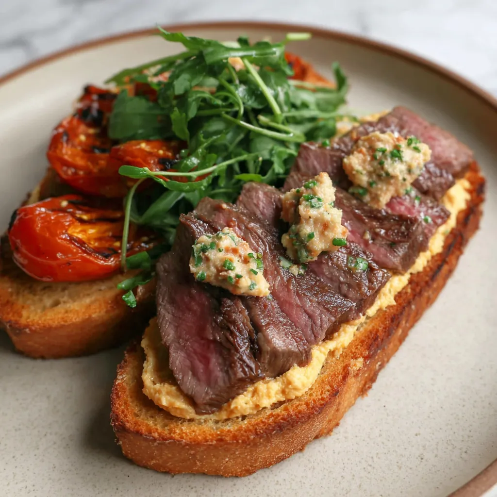 Ein Schinkensteak mit Tomaten, Spinat und Käse auf einem Toast.