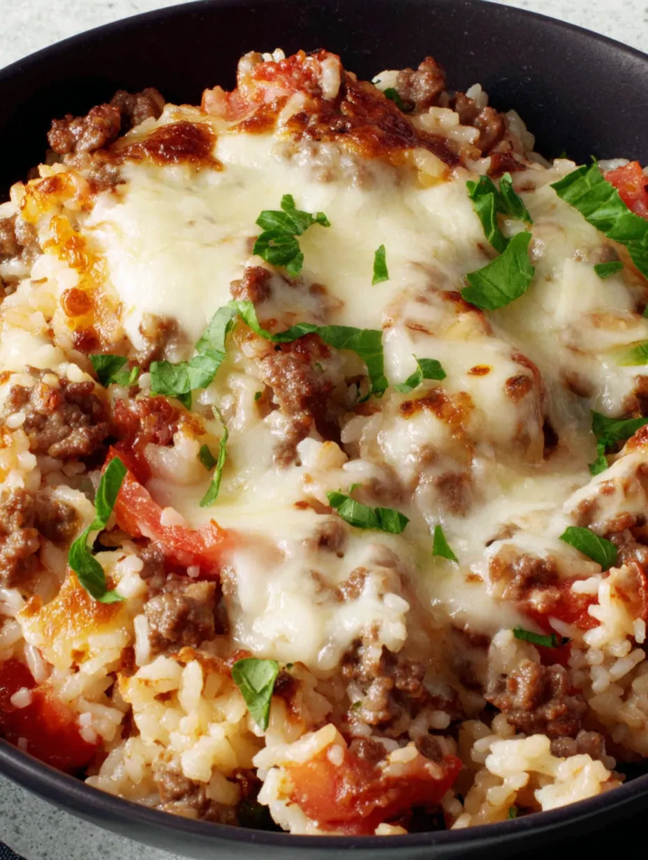 Ein Bild von einer Rice-Pudding-Mischung mit Rindenschmelz, Tomaten, Spinat und Käse.