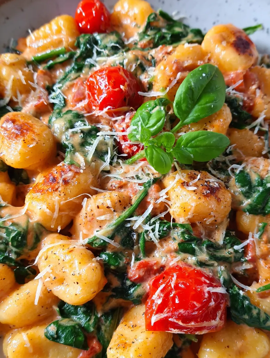 Eine prägnante Bildbeschreibung auf Deutsch lautet: "Ein Gericht aus Pasta, Tomaten, Spinat und Käse, garniert mit Blattspinat.