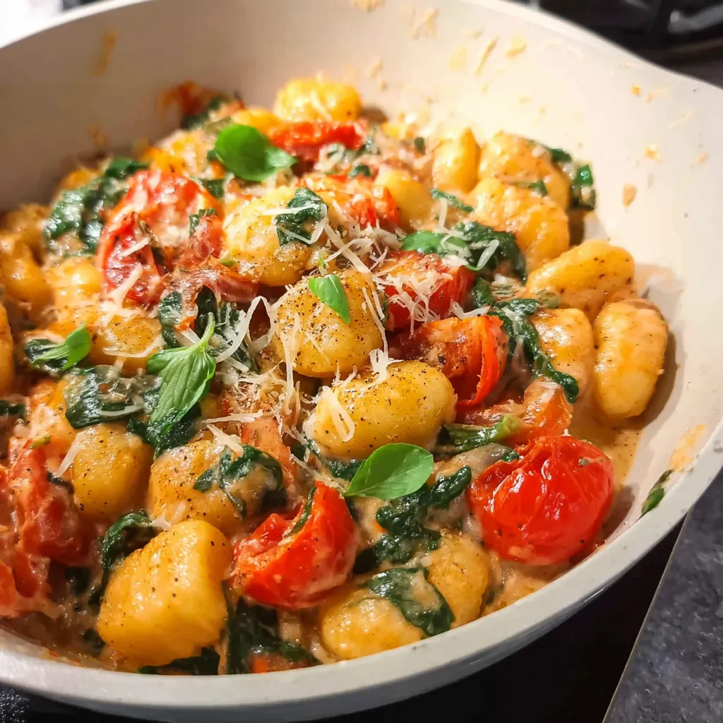 Ein weißer Teller mit einer Mischung aus Pasta, Tomaten, Spinat und Käse.