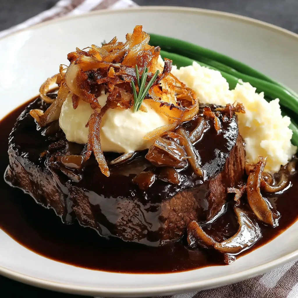 Eine Schüssel mit Steak, Kartoffeln und Zwiebeln.