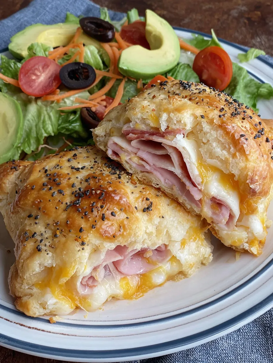 Ein Plate mit zwei Sandwiches, die mit Ham, Käse und Zwiebeln gefüllt sind.