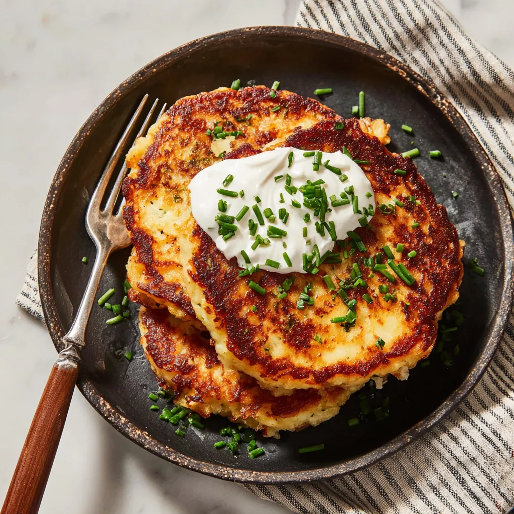 Eine Platte mit Pancakes, die mit Mayonnaise und Zwiebeln garniert sind.