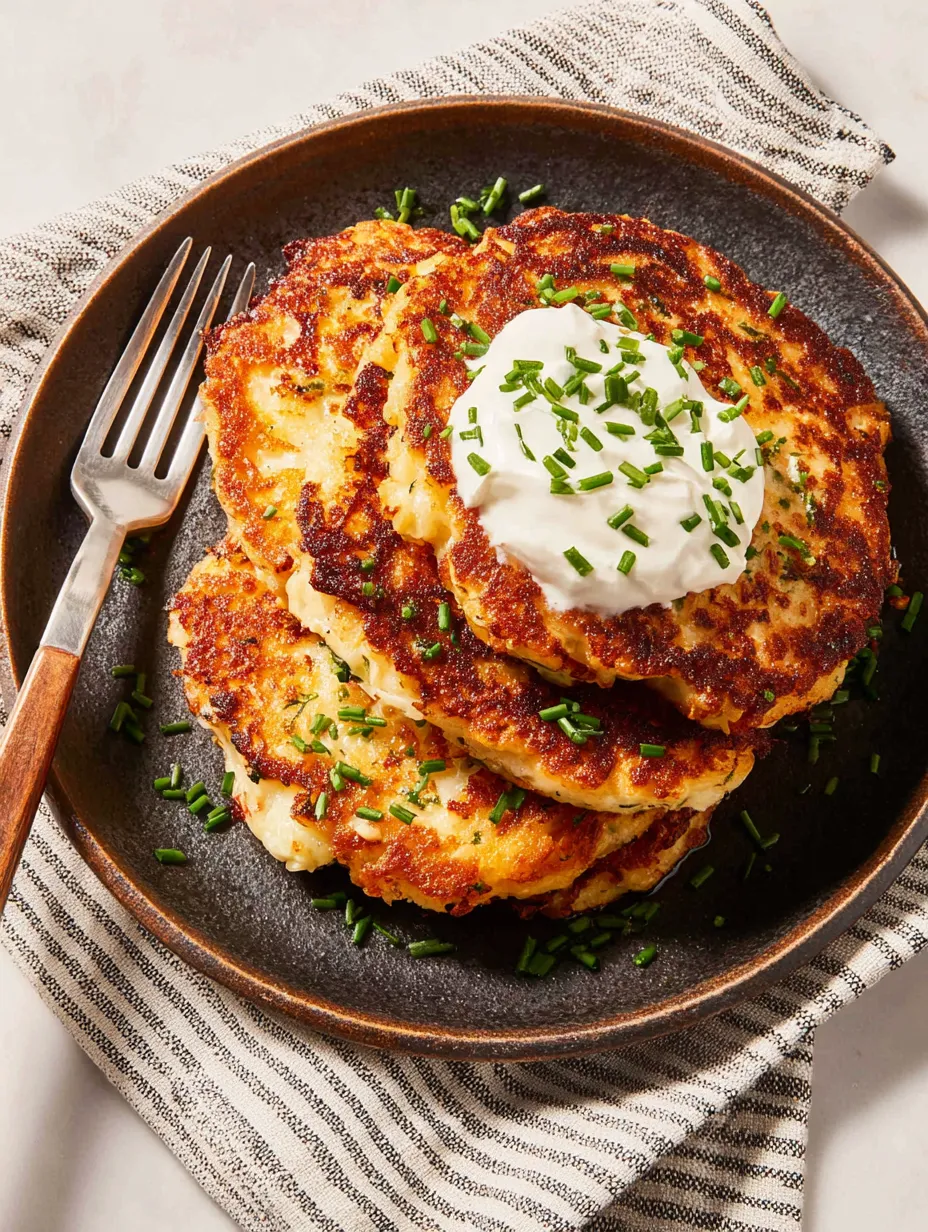 Eine Platte mit Pancakes, die mit Mayonnaise und Zwiebeln garniert sind.