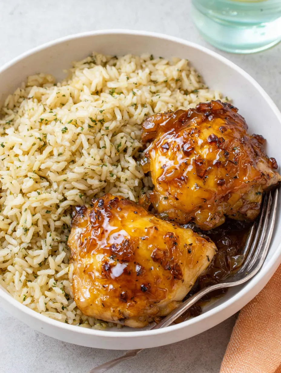 Ein weißer Teller mit Reis, Chicken und Sauce.