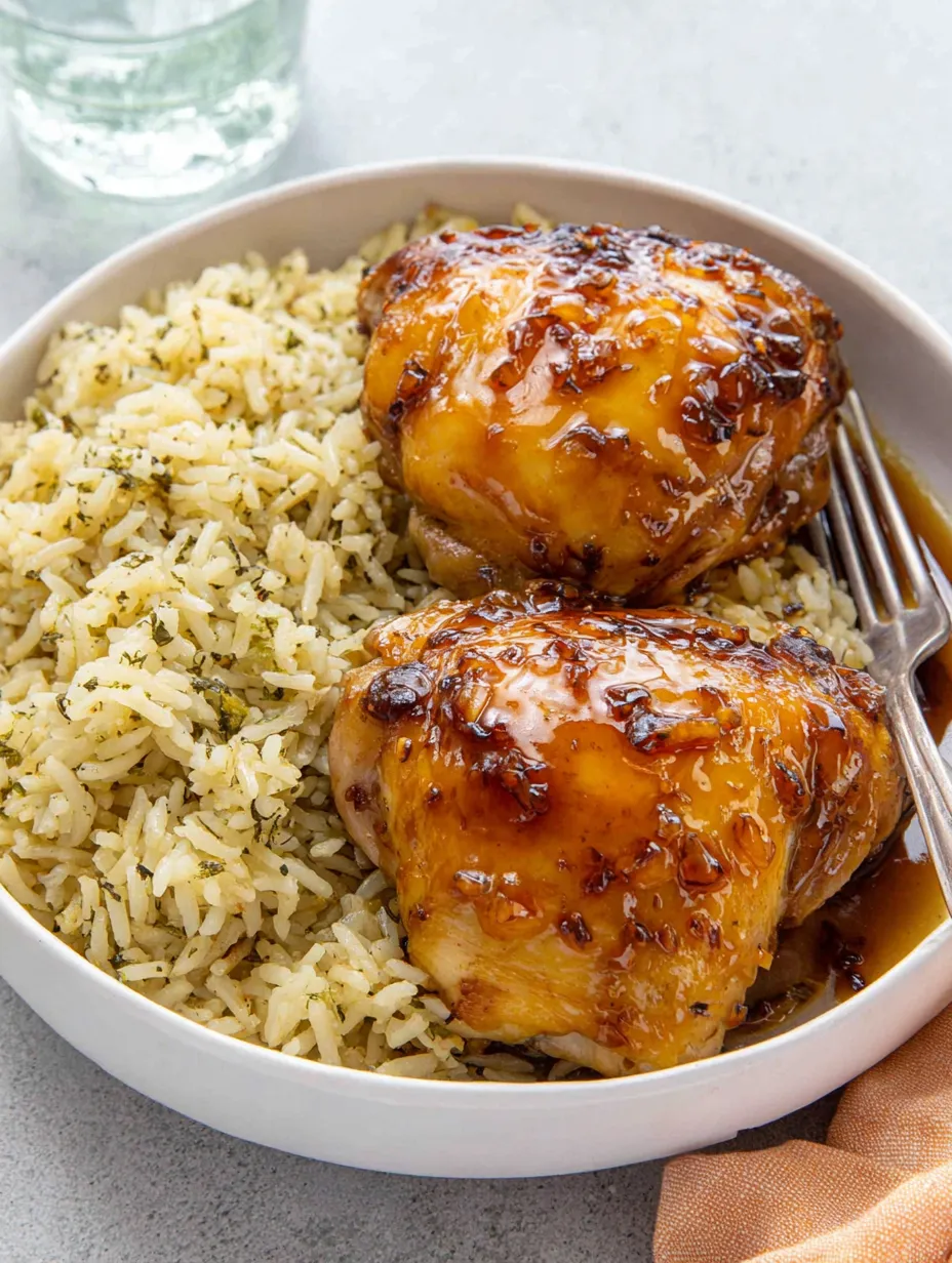 Ein weißer Teller mit Rice und zwei gebratenen Hühnchenportionen.